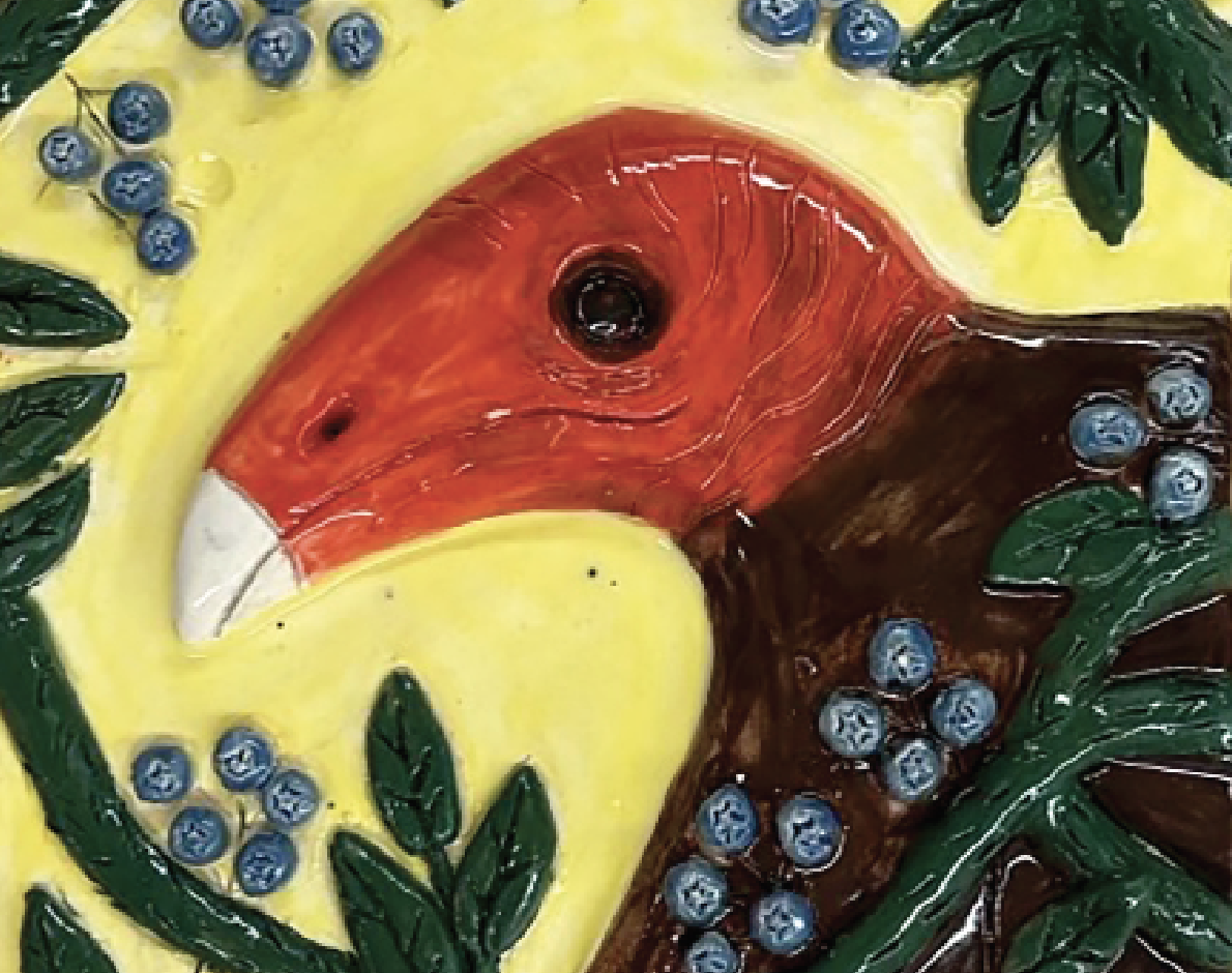 Ceramics-Keramos Society President Holly Mitchell’s tile depicts a turkey vulture, native to Maryland. It will become part of a collective artwork at the end of the semester.